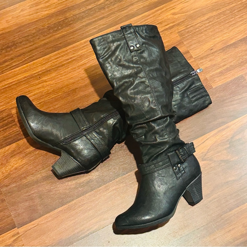 Patrizia Spring Step Black Strappy Ankle Tall Boots Vegan Leather Size 7.5 US